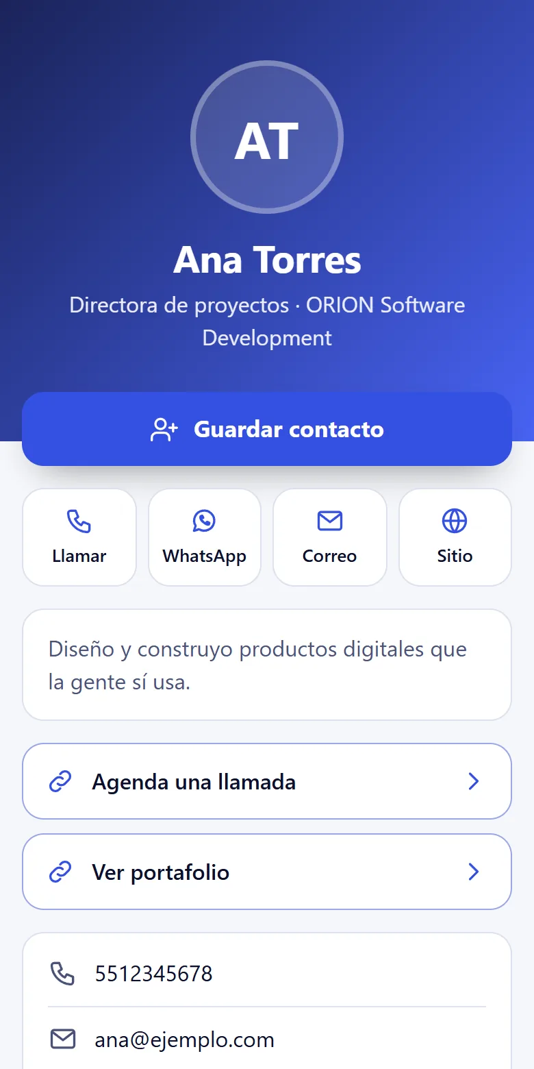 Tarjeta de presentación digital con botón para guardar el contacto