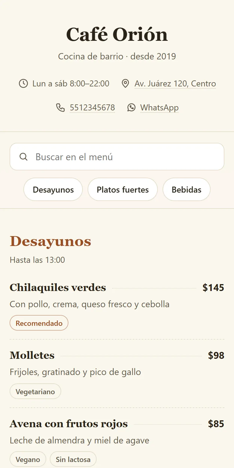 Menú digital de un café con secciones, precios y búsqueda