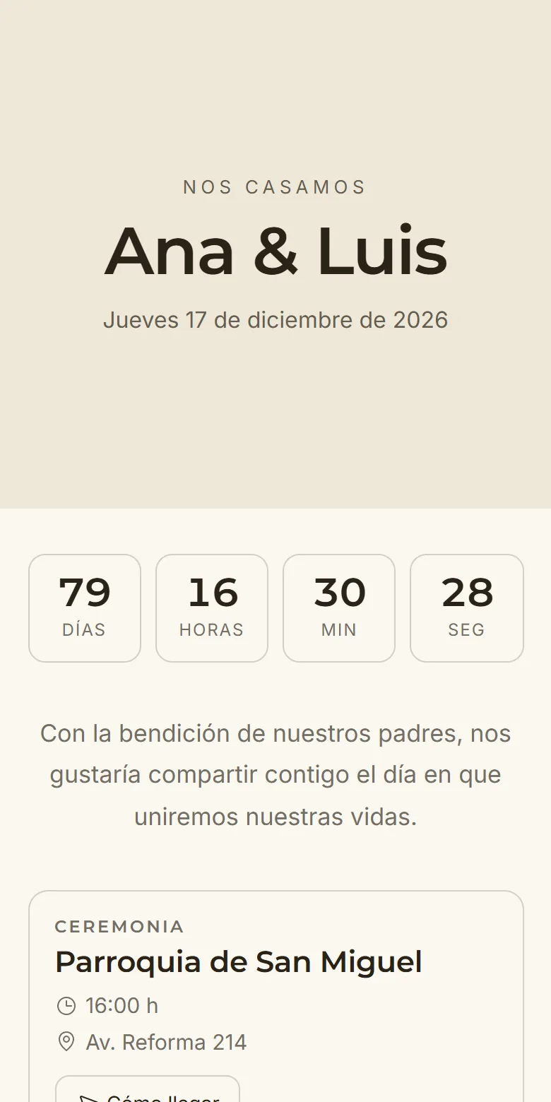 Invitación digital de boda con cuenta regresiva y datos de la ceremonia