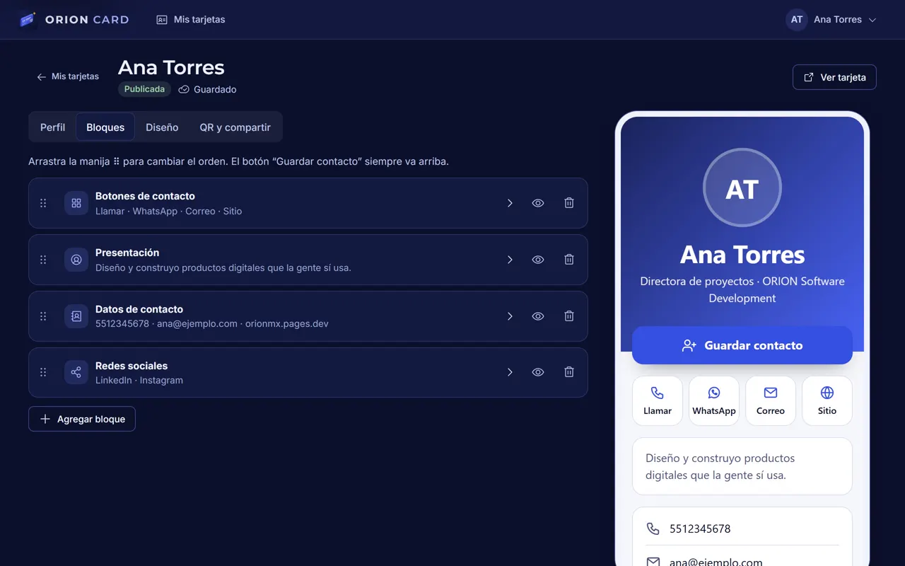 Editor de la tarjeta con bloques arrastrables y vista previa