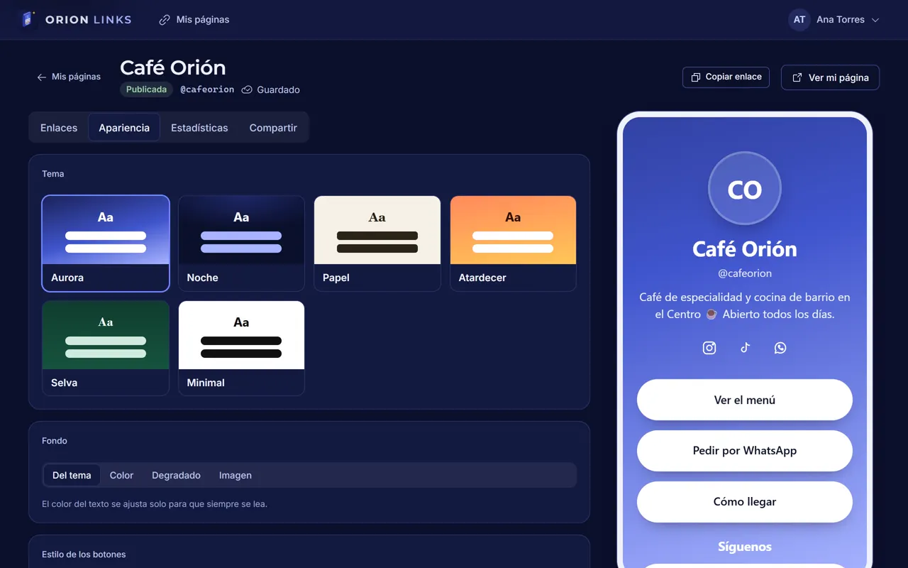 Editor de apariencia con temas y vista previa de la página