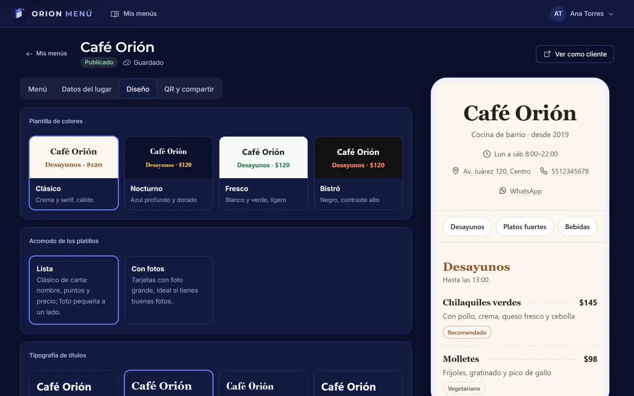 Selector de plantillas de diseño del menú con vista previa